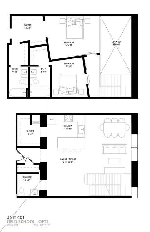 Floor plan for 2 beds, 2.5 baths, 1434 sqft
